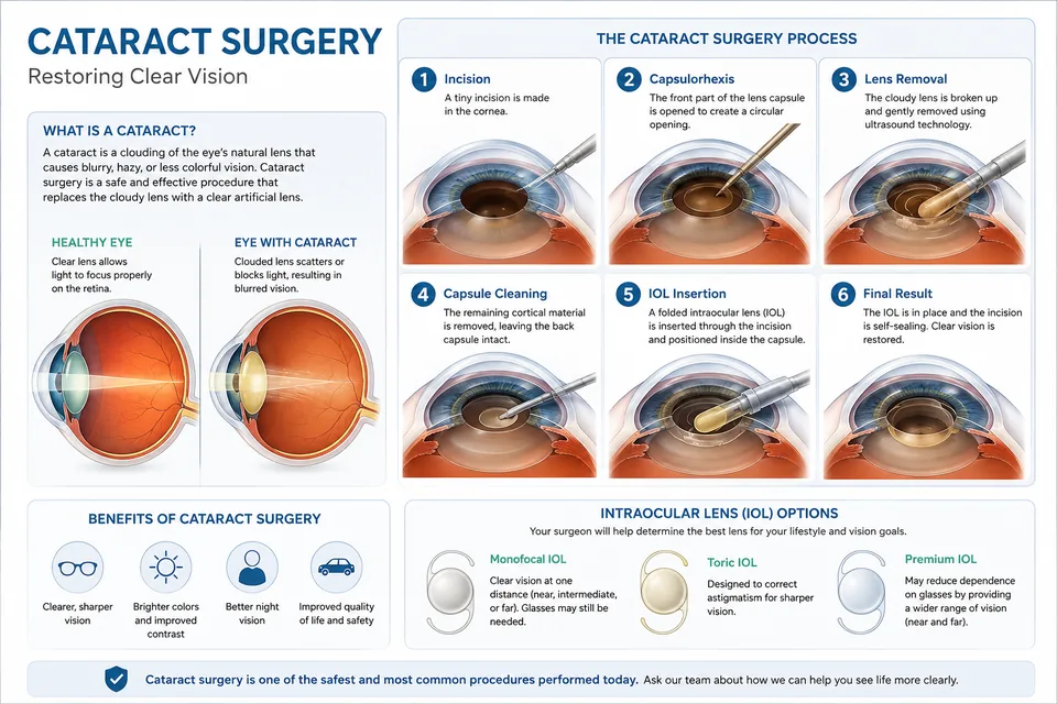 Cataract surgery infographic: what a cataract is, the six steps of surgery, and lens implant options